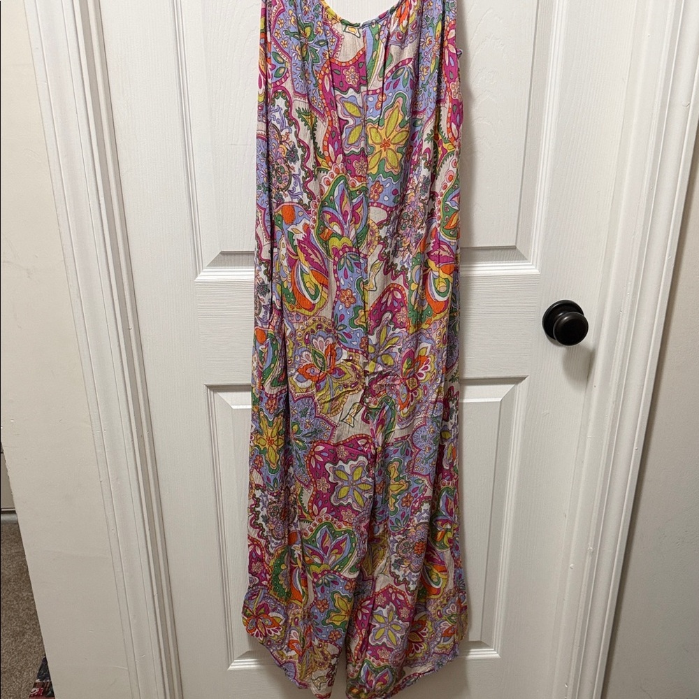 Easel Sleeveless Floral Paisley Wide-Leg Jumpsuit in Pink, Yellow & Green